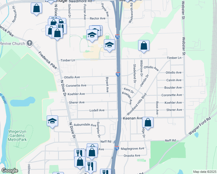 map of restaurants, bars, coffee shops, grocery stores, and more near 2302 Coronette Ave in Dayton