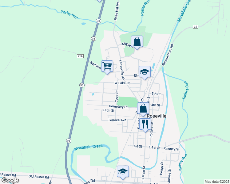 map of restaurants, bars, coffee shops, grocery stores, and more near 174 Race Street in Roseville