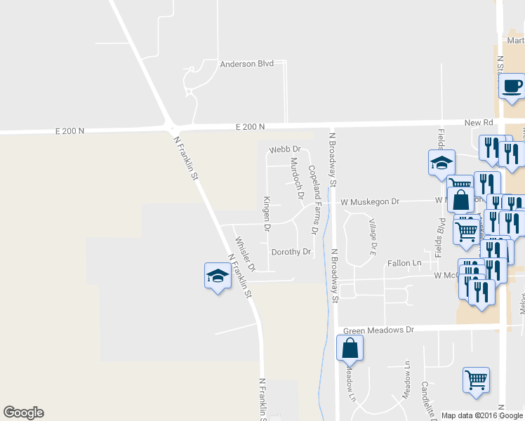 map of restaurants, bars, coffee shops, grocery stores, and more near 1764 Kingen Dr in Greenfield