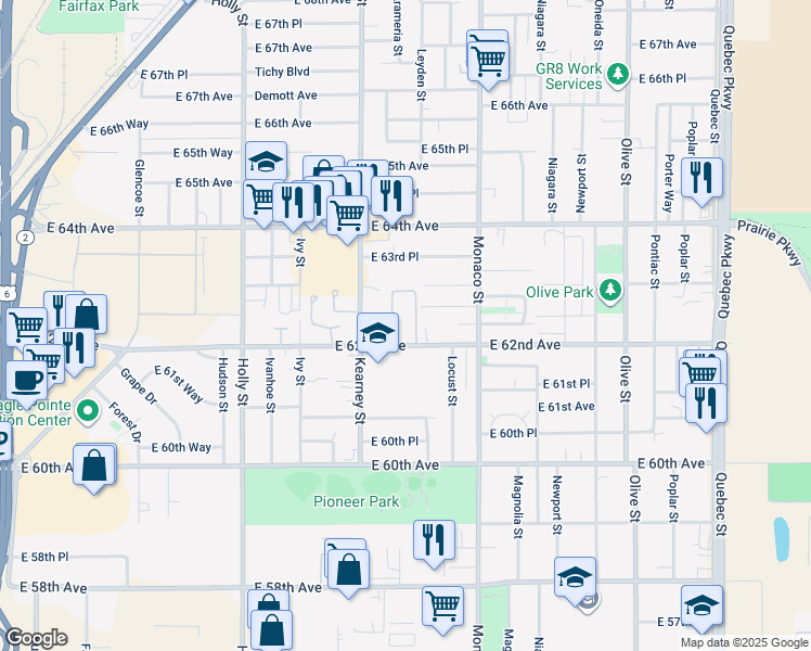 map of restaurants, bars, coffee shops, grocery stores, and more near 6201 East 62nd Avenue in Commerce City