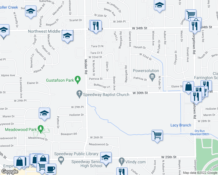 map of restaurants, bars, coffee shops, grocery stores, and more near 5332 Buttercup Lane in Indianapolis