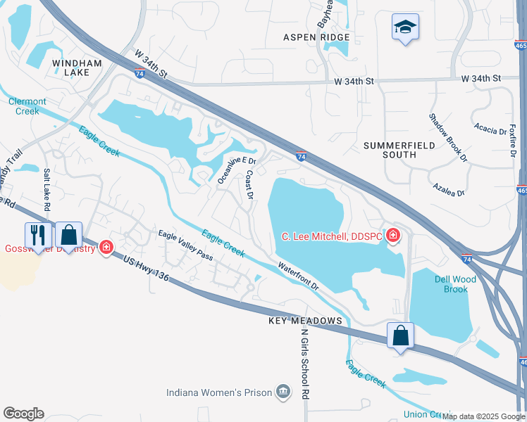 map of restaurants, bars, coffee shops, grocery stores, and more near 2975 Coast Drive in Indianapolis
