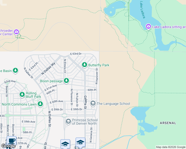 map of restaurants, bars, coffee shops, grocery stores, and more near East 64th Avenue in Denver