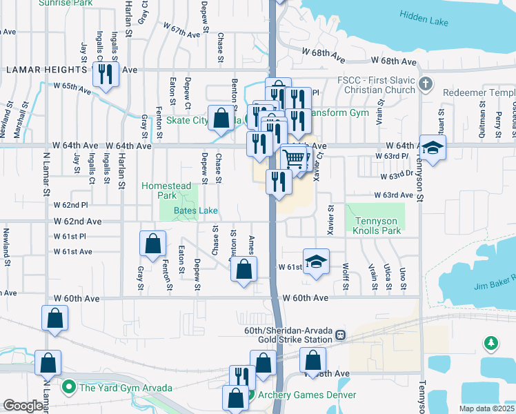 map of restaurants, bars, coffee shops, grocery stores, and more near 6221 Sheridan Boulevard in Arvada