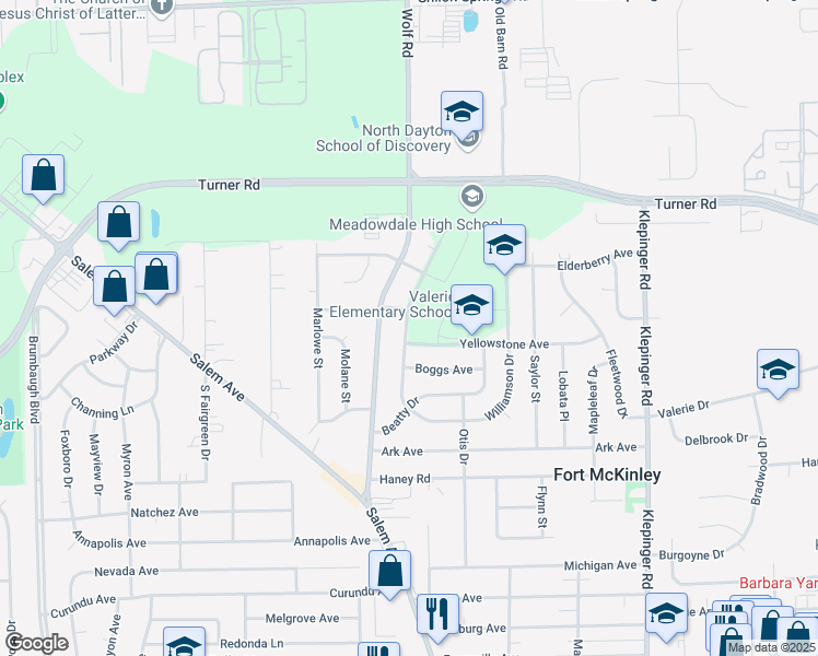 map of restaurants, bars, coffee shops, grocery stores, and more near 3871 Yellowstone Avenue in Dayton