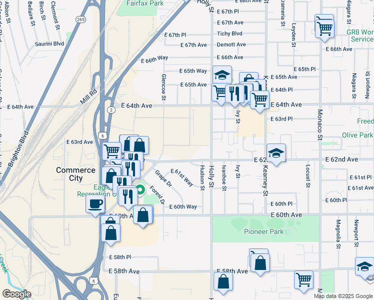 map of restaurants, bars, coffee shops, grocery stores, and more near 5424 East 62nd Place in Commerce City