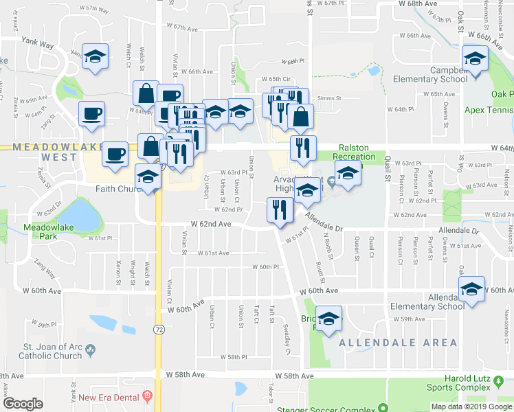 map of restaurants, bars, coffee shops, grocery stores, and more near 11978 West 62nd Place in Arvada