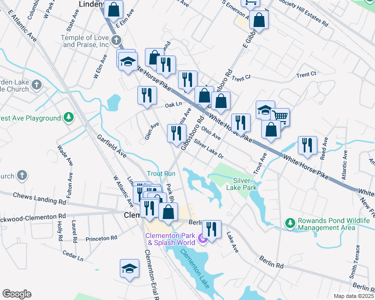 map of restaurants, bars, coffee shops, grocery stores, and more near 222 Gibbsboro Road in Clementon