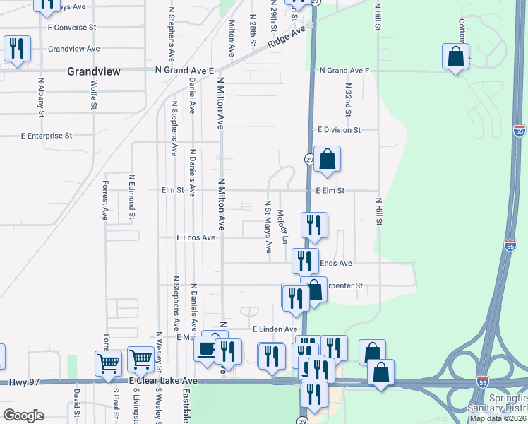 map of restaurants, bars, coffee shops, grocery stores, and more near 709 North Saint Marys Avenue in Springfield