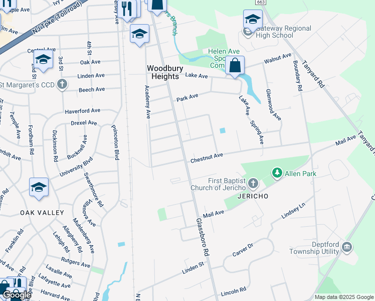 map of restaurants, bars, coffee shops, grocery stores, and more near 1146 Glassboro Road in Woodbury Heights