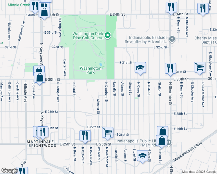map of restaurants, bars, coffee shops, grocery stores, and more near 2943 North Dearborn Street in Indianapolis