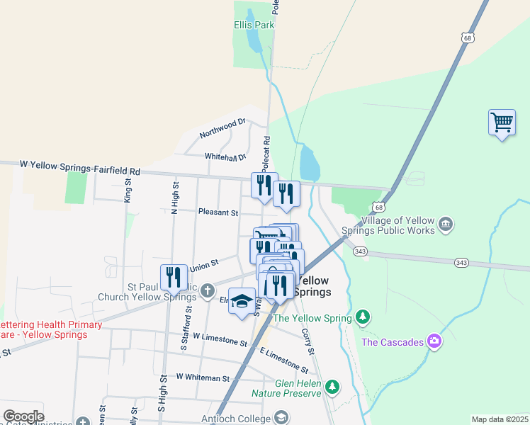 map of restaurants, bars, coffee shops, grocery stores, and more near 305 Walnut Street in Yellow Springs