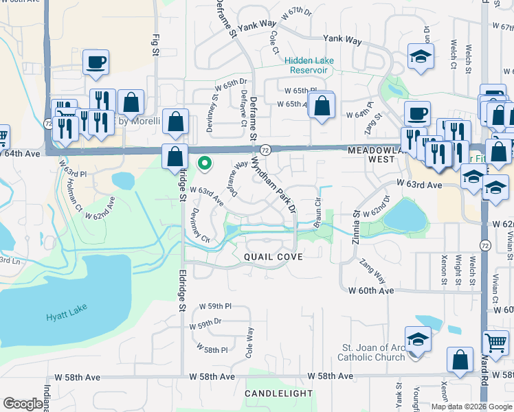 map of restaurants, bars, coffee shops, grocery stores, and more near 6317 Deframe Way in Arvada