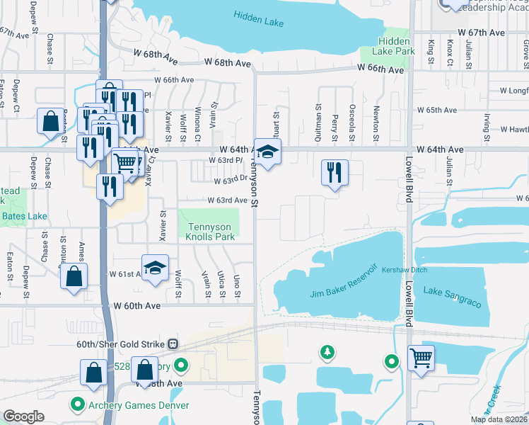 map of restaurants, bars, coffee shops, grocery stores, and more near 6240 Tennyson Street in Arvada