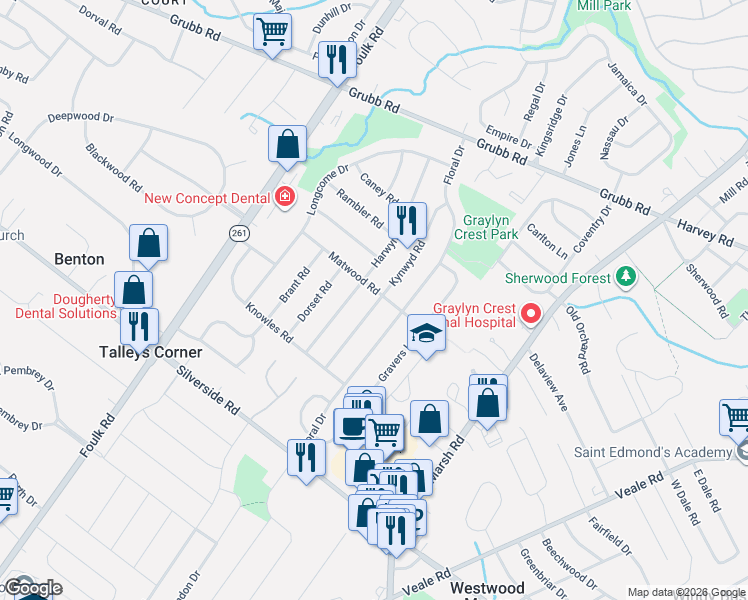 map of restaurants, bars, coffee shops, grocery stores, and more near 2000 Kynwyd Road in Wilmington