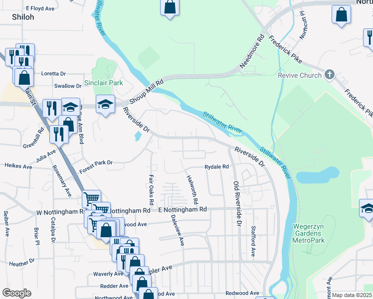 map of restaurants, bars, coffee shops, grocery stores, and more near 4343 Riverside Drive in Dayton