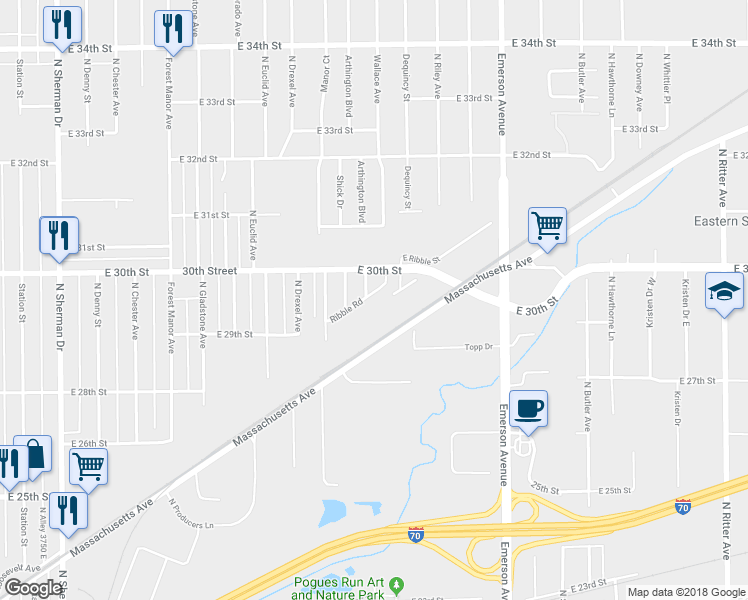 map of restaurants, bars, coffee shops, grocery stores, and more near 2944 Dequincy Street in Indianapolis