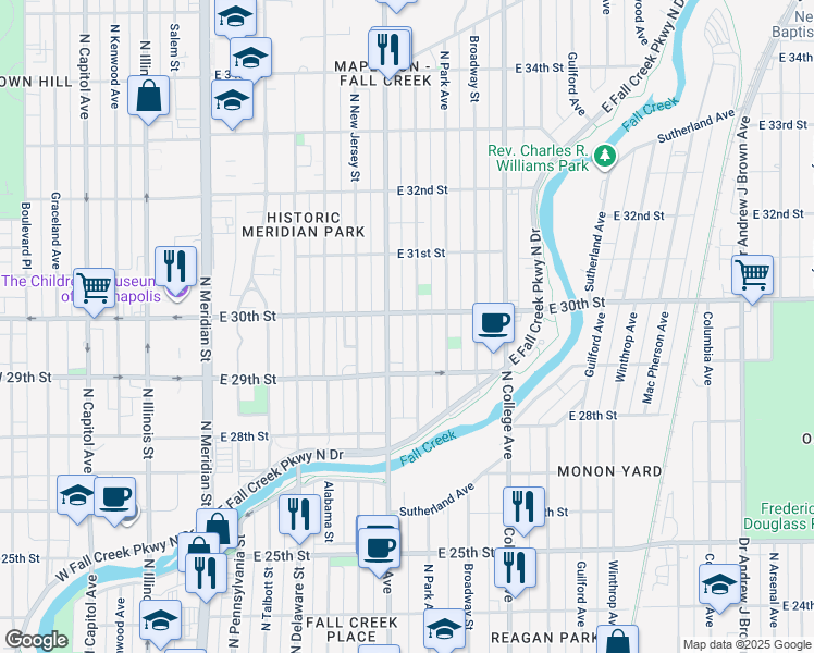 map of restaurants, bars, coffee shops, grocery stores, and more near 2961 Central Avenue in Indianapolis