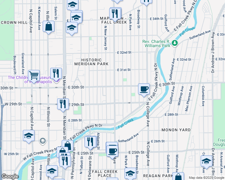 map of restaurants, bars, coffee shops, grocery stores, and more near 2961 Central Avenue in Indianapolis