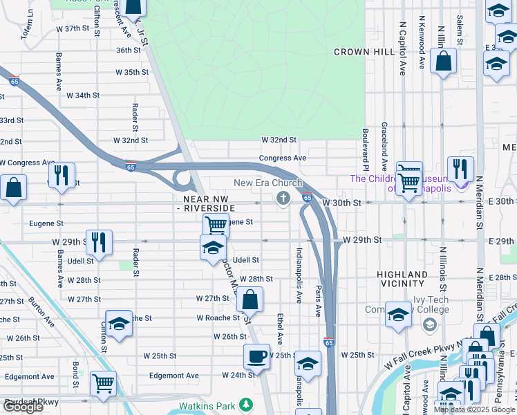 map of restaurants, bars, coffee shops, grocery stores, and more near 603 North California Street in Indianapolis
