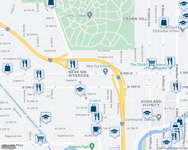 map of restaurants, bars, coffee shops, grocery stores, and more near 603 North California Street in Indianapolis