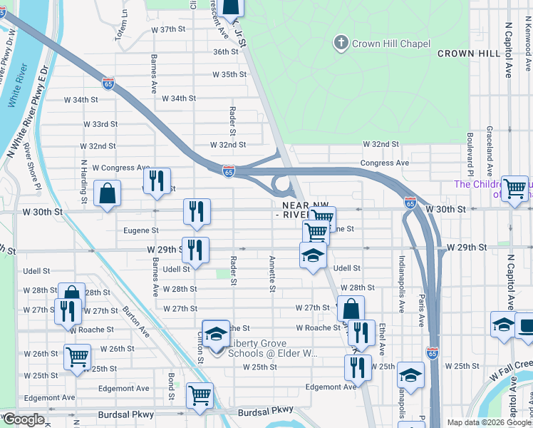 map of restaurants, bars, coffee shops, grocery stores, and more near 925 West 30th Street in Indianapolis