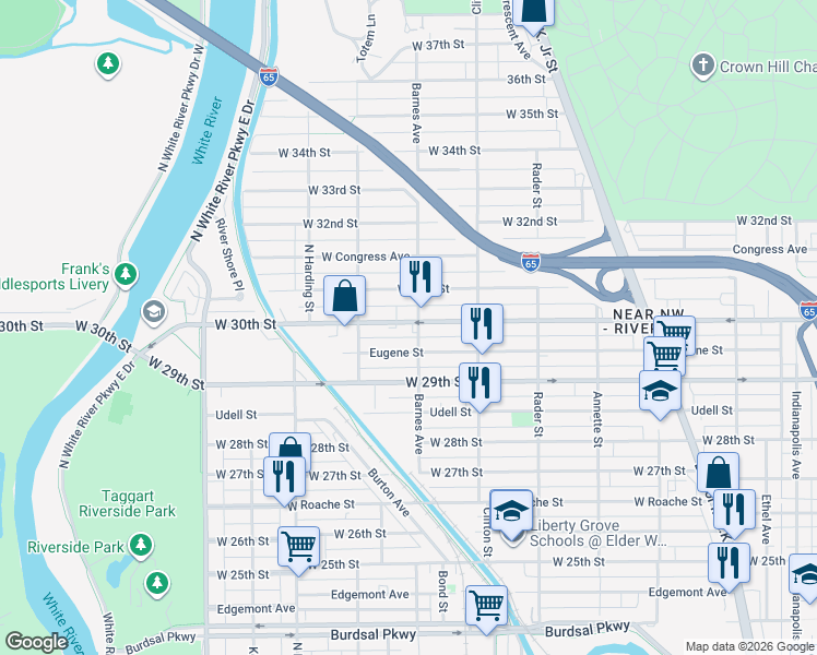 map of restaurants, bars, coffee shops, grocery stores, and more near 1165 West 30th Street in Indianapolis