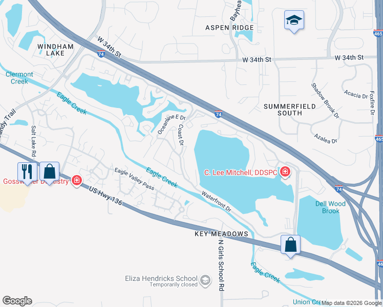 map of restaurants, bars, coffee shops, grocery stores, and more near 7460 Waterfront Drive in Indianapolis