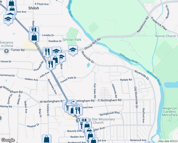 map of restaurants, bars, coffee shops, grocery stores, and more near 351 Forest Park Drive in Dayton