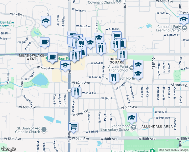 map of restaurants, bars, coffee shops, grocery stores, and more near 6244 Urban Street in Arvada