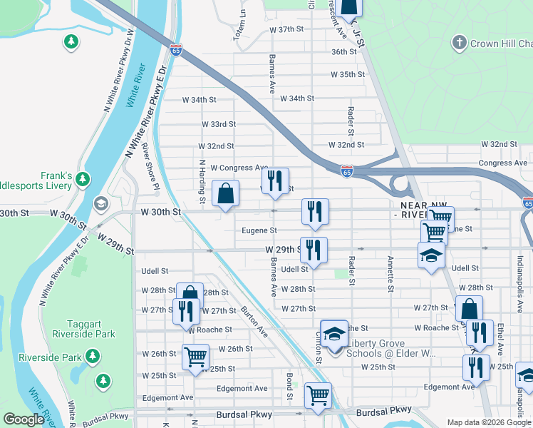map of restaurants, bars, coffee shops, grocery stores, and more near 1165 West 30th Street in Indianapolis