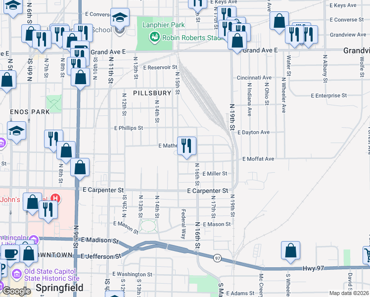 map of restaurants, bars, coffee shops, grocery stores, and more near 1512 East Matheny Avenue in Springfield