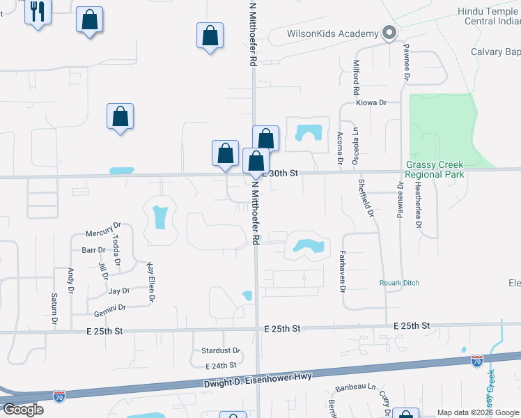 map of restaurants, bars, coffee shops, grocery stores, and more near 2855 North Mitthoefer Road in Indianapolis
