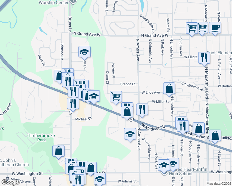 map of restaurants, bars, coffee shops, grocery stores, and more near 1657 W Enos Ave in Springfield