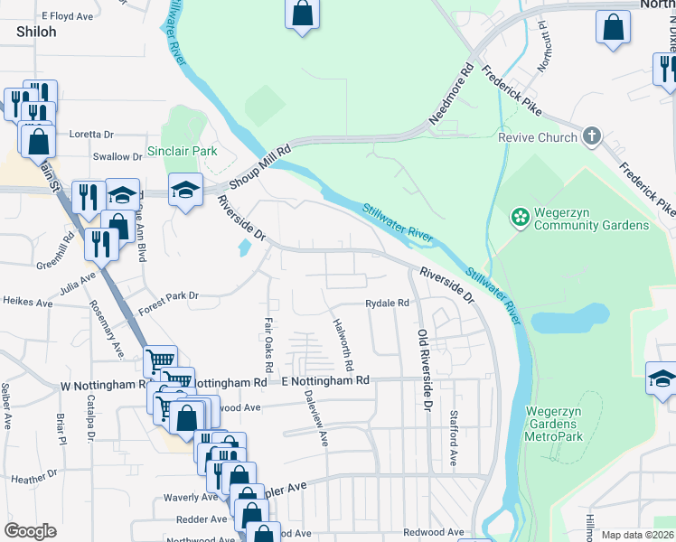 map of restaurants, bars, coffee shops, grocery stores, and more near 4339 Riverside Drive in Dayton