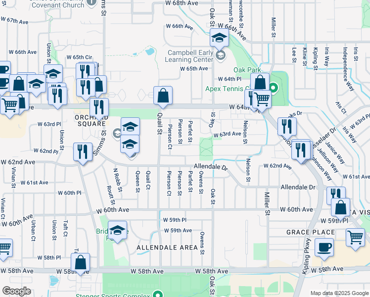 map of restaurants, bars, coffee shops, grocery stores, and more near 11048 West 62nd Place in Arvada