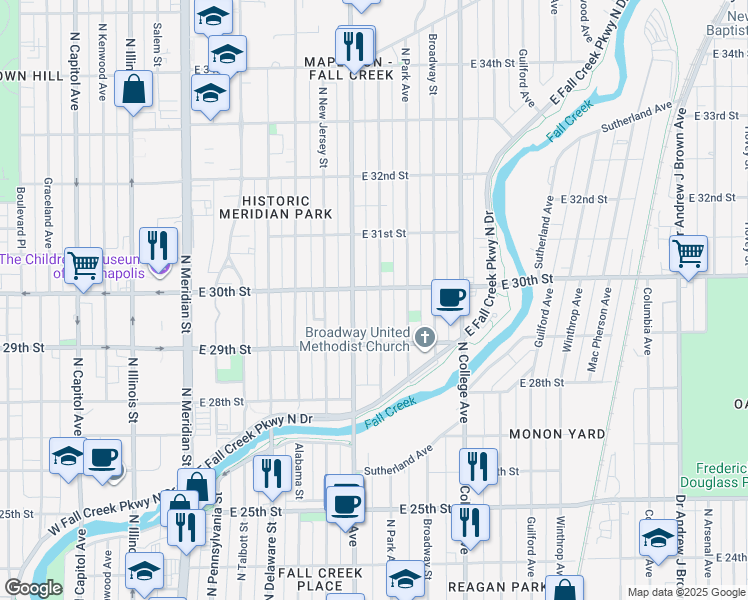 map of restaurants, bars, coffee shops, grocery stores, and more near 2953 Ruckle Street in Indianapolis