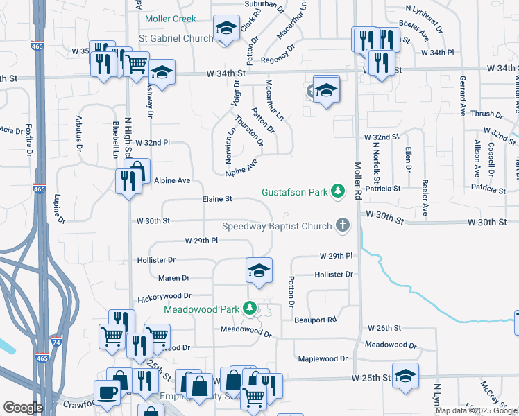 map of restaurants, bars, coffee shops, grocery stores, and more near 5743 Elaine Street in Speedway