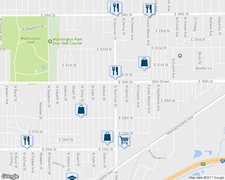 map of restaurants, bars, coffee shops, grocery stores, and more near 2942 North Sherman Drive in Indianapolis