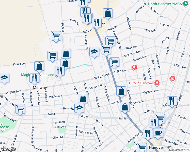 map of restaurants, bars, coffee shops, grocery stores, and more near 201 W Elm Ave in Hanover