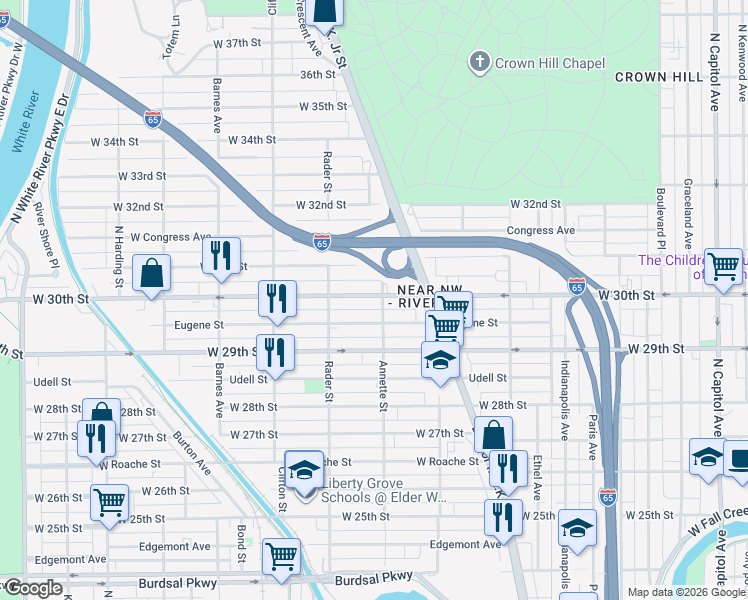 map of restaurants, bars, coffee shops, grocery stores, and more near 925 West 30th Street in Indianapolis