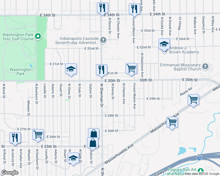 map of restaurants, bars, coffee shops, grocery stores, and more near 2946 North Denny Street in Indianapolis