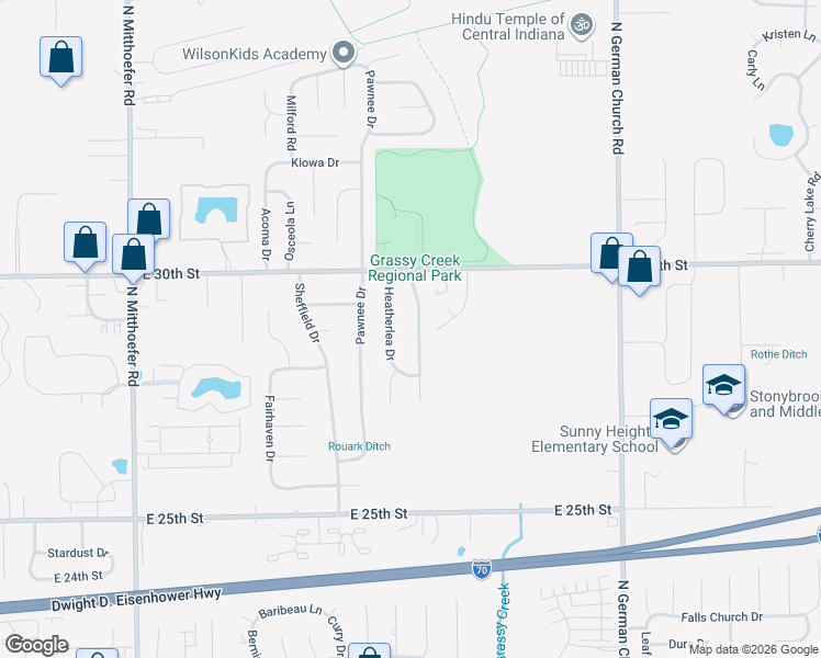 map of restaurants, bars, coffee shops, grocery stores, and more near 2824 Grassy Creek Drive in Indianapolis