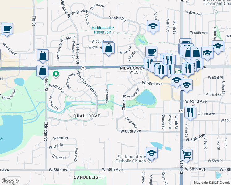 map of restaurants, bars, coffee shops, grocery stores, and more near 6233 Alkire Court in Arvada