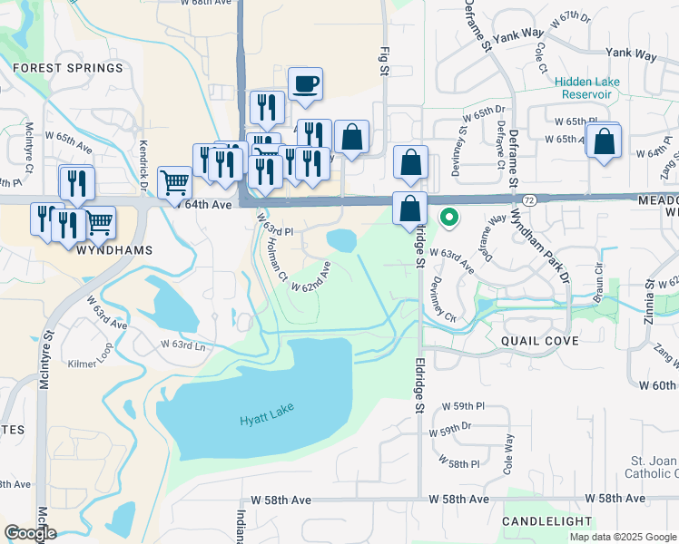 map of restaurants, bars, coffee shops, grocery stores, and more near 6177 Holman Street in Arvada