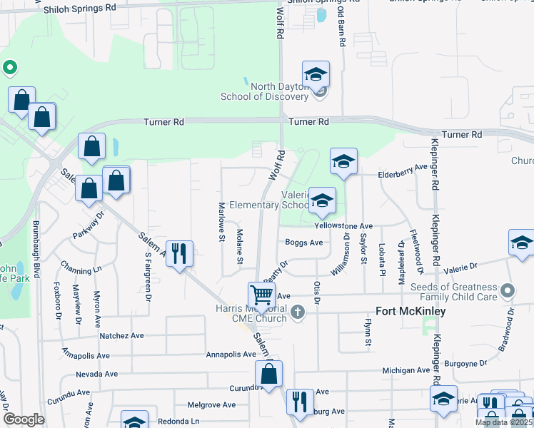 map of restaurants, bars, coffee shops, grocery stores, and more near 4316 Wolf Road in Dayton