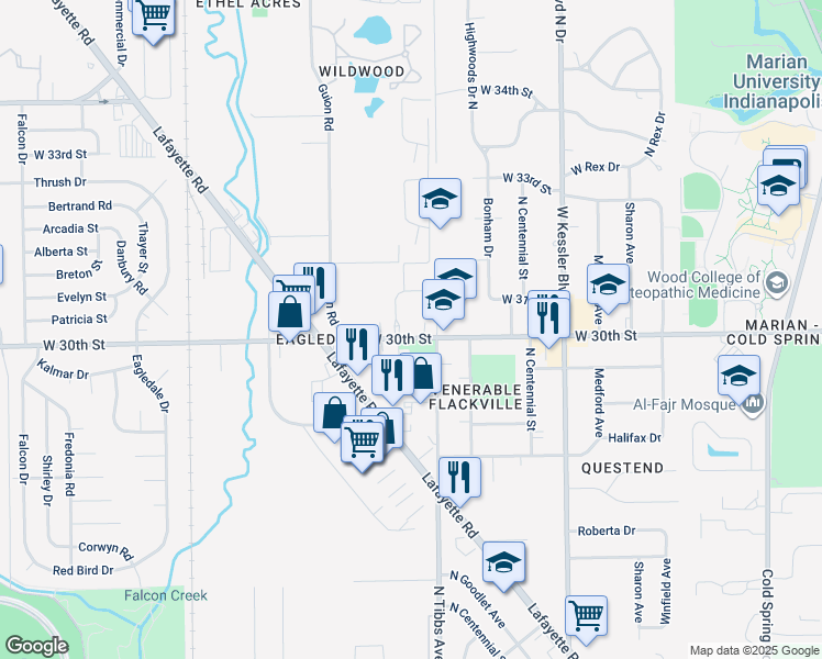 map of restaurants, bars, coffee shops, grocery stores, and more near 3422 West 30th Street in Indianapolis