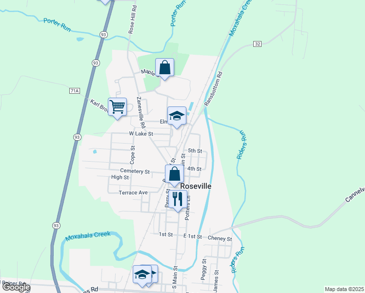 map of restaurants, bars, coffee shops, grocery stores, and more near 7 North Main Street in Roseville