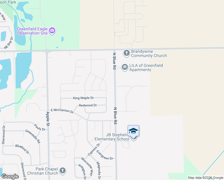 map of restaurants, bars, coffee shops, grocery stores, and more near 1698 North Blue Road in Greenfield