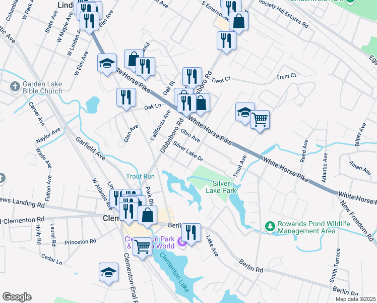 map of restaurants, bars, coffee shops, grocery stores, and more near Silver Lake Drive in Clementon